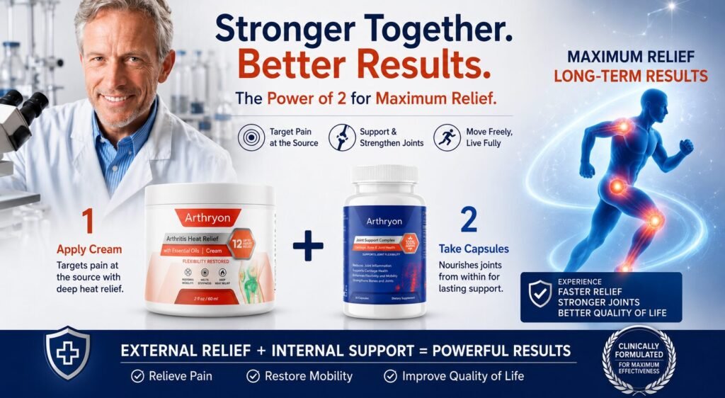 Arthryon Arthritis Heat Relief Cream and Joint Support Capsules working together to relieve joint pain, improve mobility, and provide long-term joint support.
